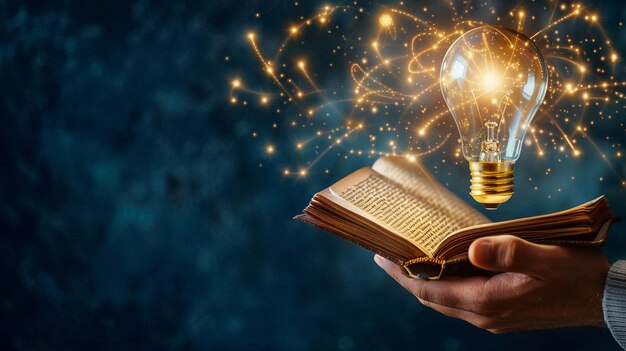 A person holding an open book with a light bulb above it