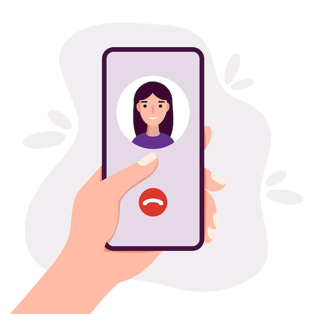 Person holding smartphone in hand and calling via video chat mobile app flat Communication concept