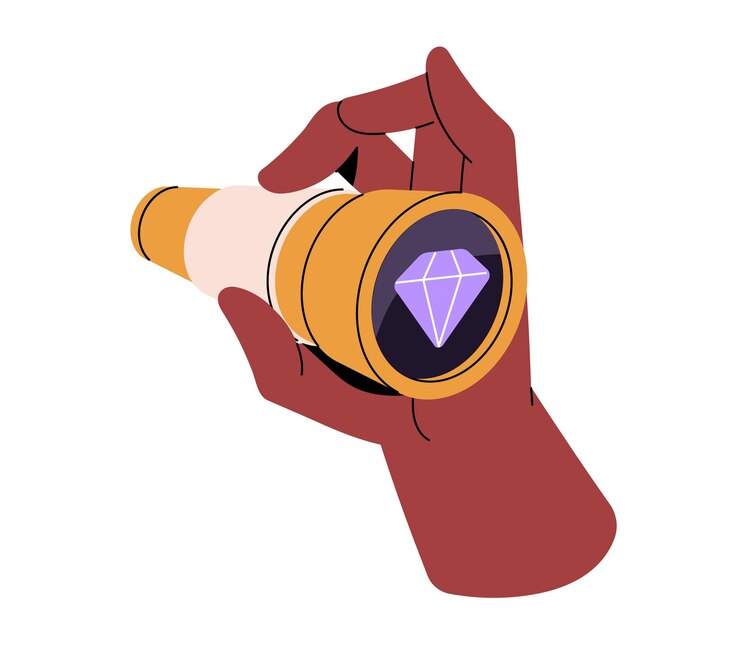 Vector person holds looks through telescope people search fortune success in achieve goals aims character found treasures gem stones diamonds flat isolated vector illustration on white background