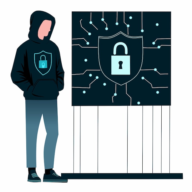 サイバーセキュリティを象徴するデジタルロックシンボルの横にフードを着た人が立っています