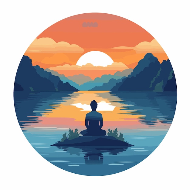 Человек в позе лотоса, сидящий у безмятежного озера векторная иллюстрация