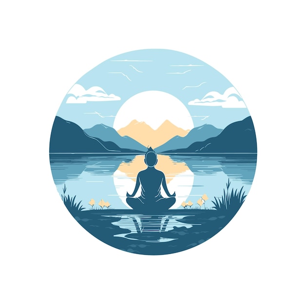 Вектор Человек в позе лотоса, сидящий у безмятежного озера векторная иллюстрация