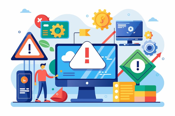 Vector 一個人與電腦互動,顯示各種系統錯誤警報和通知在辦公室系統錯誤系統軟件中的錯誤