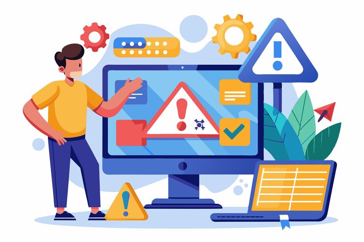 Vector a person is addressing errors and warnings on a computer interface while discussing solutions fixing errors and warnings on websites and digital computer diagnostics