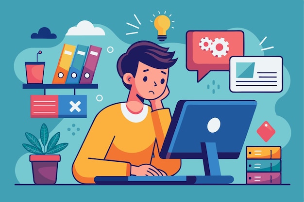 a person is deeply engaged in problemsolving at a computer with vibrant creativity all around solving problems with computer errors