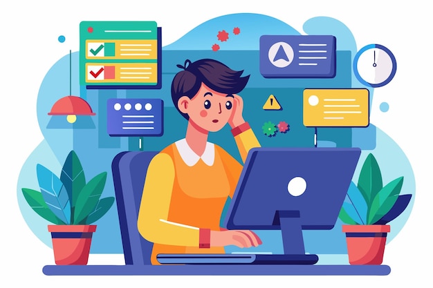 一個人專注於解決電腦問題,而坐在桌子旁,被植物包圍,解決電腦錯誤的問題