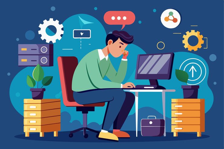 Vector 一個人專注於在電腦桌上解決網絡問題,而周圍的工具是電腦上的網絡故障解決