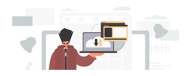 the person is holding a tablet which is synchronized with the information capacity trendy style vector illustration
