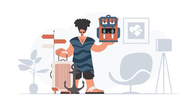 Vector the person is holding a travel rucksack and a pillage the concept of rest and travel trendy style vector illustration