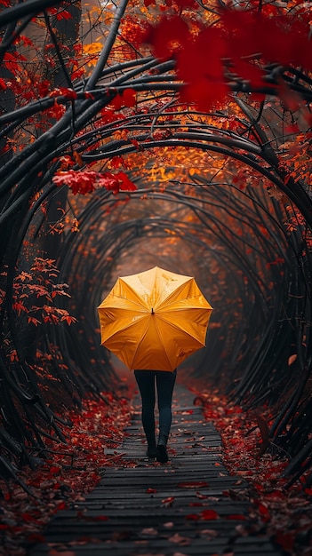 Человек держит желтый зонтик через туннель красивых и великолепных осенних деревьев