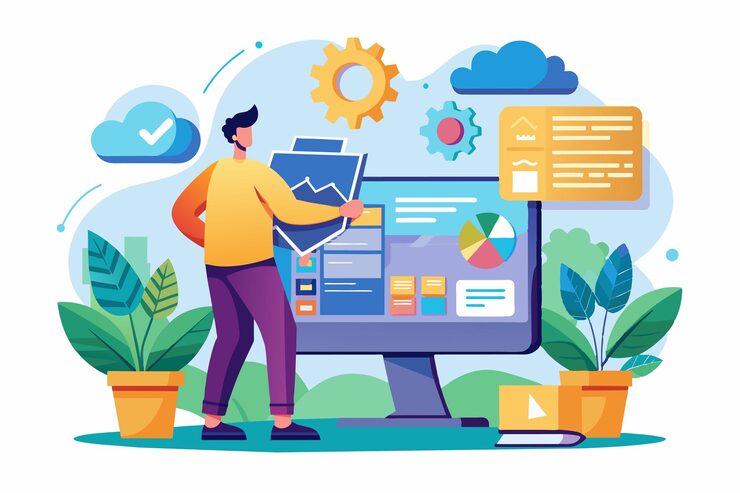 Vector a person is installing software while interacting with a colorful user interface on a desktop computer setup installing computer software