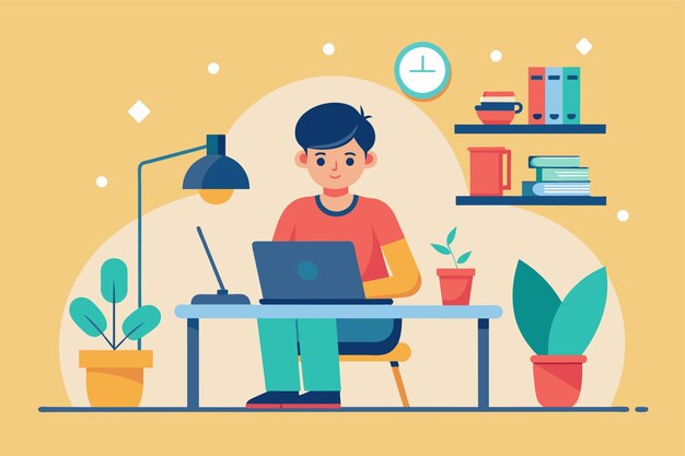 A person is sitting at a desk working on a laptop remote working simple and minimalist flat vector illustration