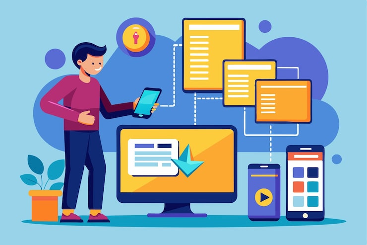 Vector a person is using a tablet to transfer files from their computer to a mobile device in a bright setting upload files from computer to mobile