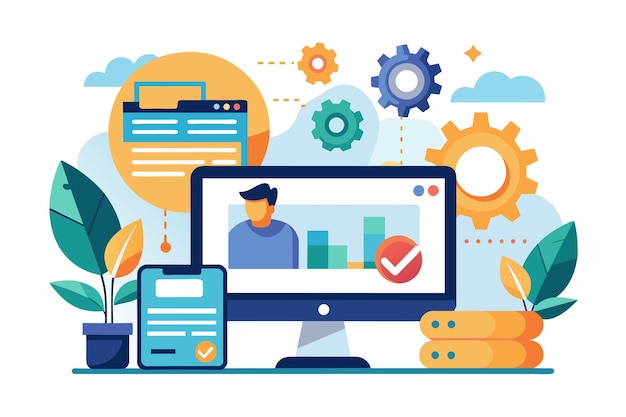 a person is visible on a computer screen possibly installing software or performing a task process of installing software trending simple and minimalist flat vector illustration