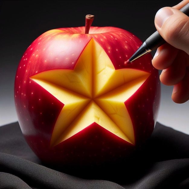 Vector a person is writing on an apple with a pen