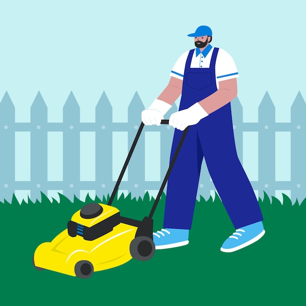 Vector person lawn mowing outdoors illustration