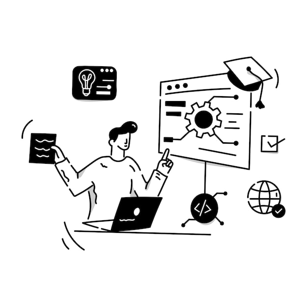 Person learning online IT course hand drawn Illustration