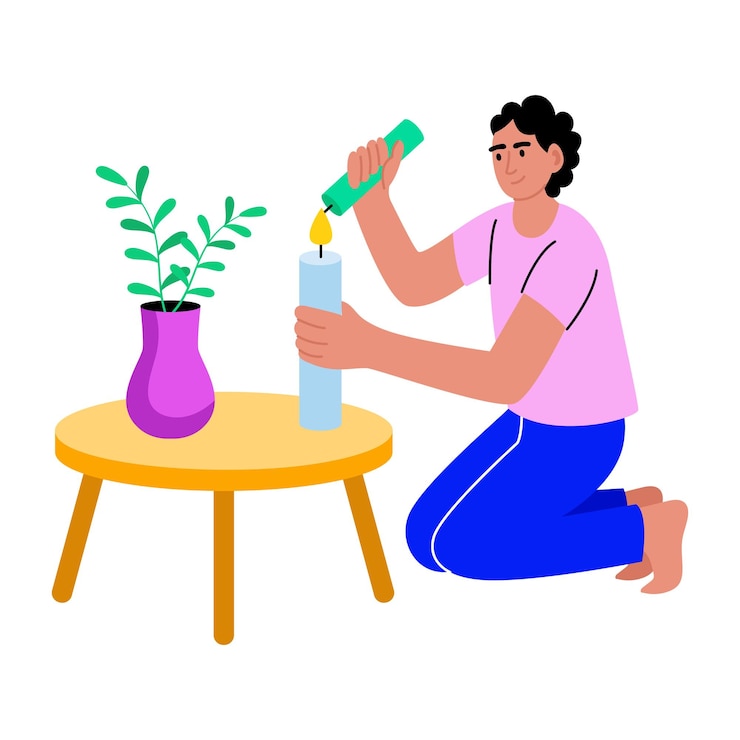 Vector person lighting a candle in a peaceful room