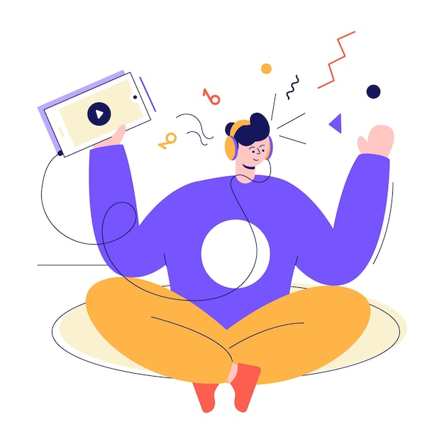 Person listening music on phone, animated flat illustration