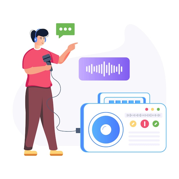 Vector person listening radio broadcast flat illustration