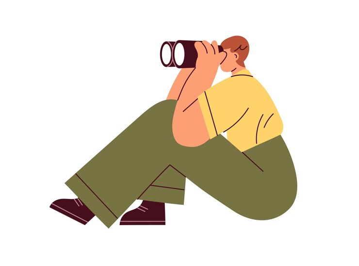 Person looking forward watching through binoculars Surveillance observation business concept Man searching for ideas opportunity observing Flat vector illustration isolated on white background