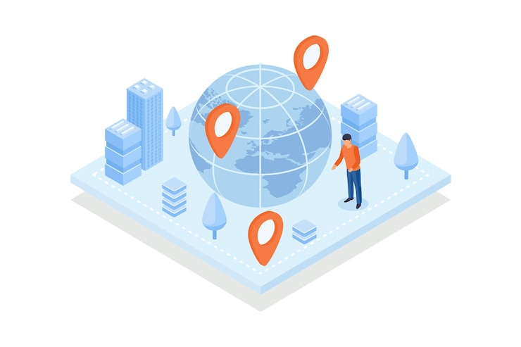 Vector person looking at globe or planet, map pins and city buildings. scene for location monitoring