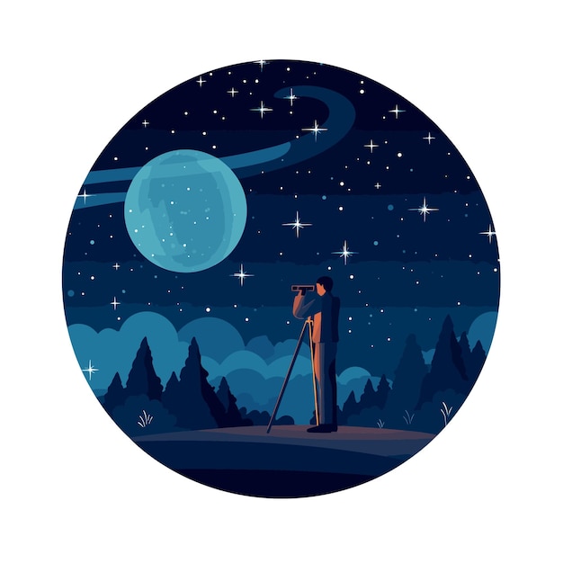 Person looking through a telescope at a planet in the night sky Vector illustration