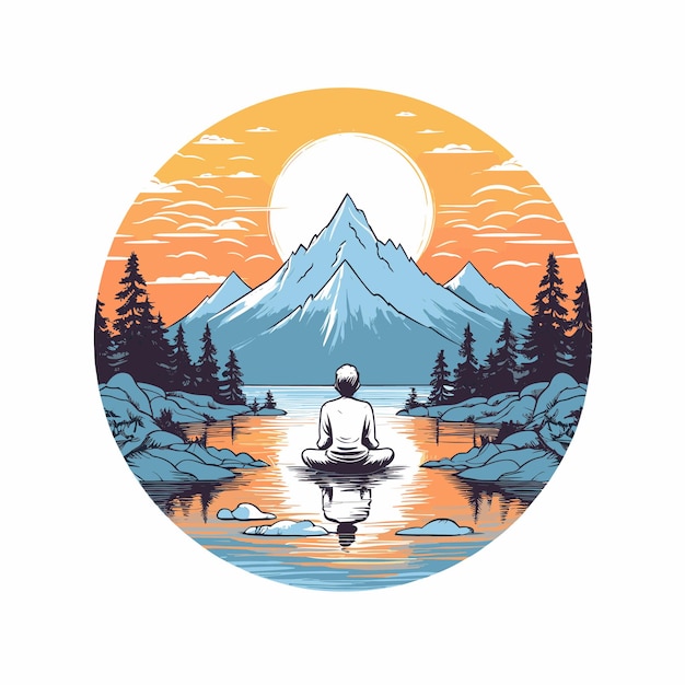 Vector person in lotus pose seated by a serene lake vector illustration