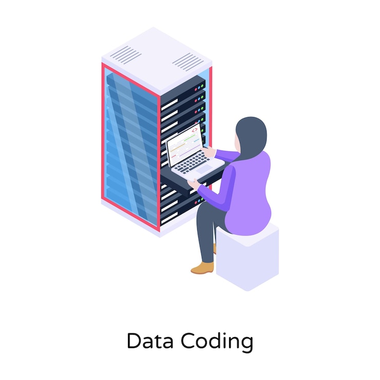 Vector person monitoring server data security on laptop isometric icon