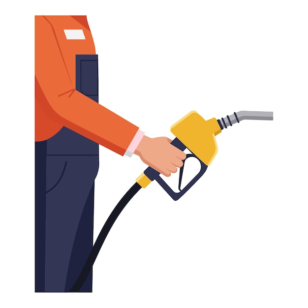 person in orange jacket holding yellow fuel pump nozzle detailed flat vector illustration