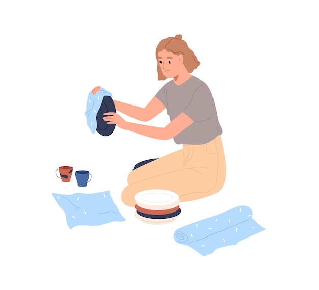 Person packing fragile stuff for moving to new home. Woman wrapping ceramic tableware, breakable plates in paper. Relocation preparations concept. Flat vector illustration isolated on white background