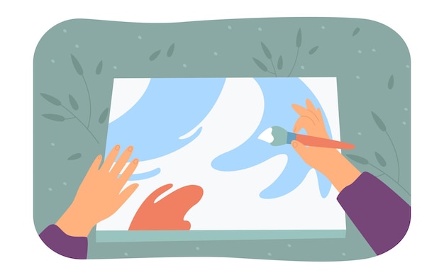 person painting picture with colors flat vector illustration. mans hand holding paintbrushes in background of canvas. art, hobby concept for banner, website design or landing web page