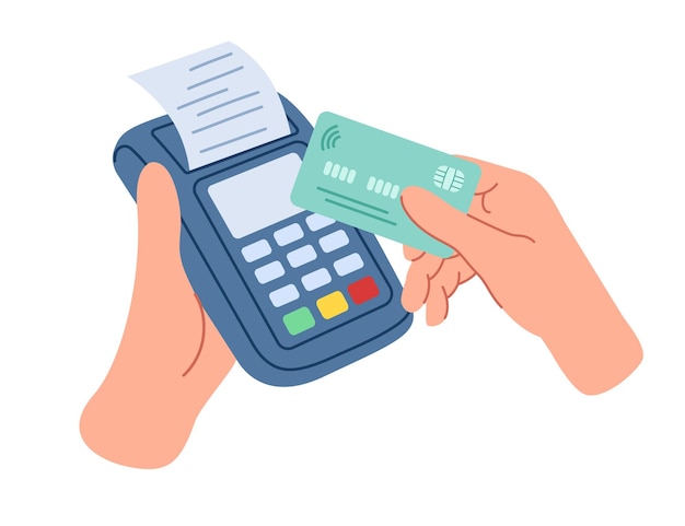 Person pays with a credit or debit card at the terminal Payment for purchases Receive a receipt