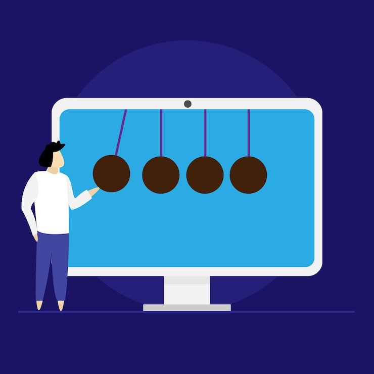 Vector person plays with pendulum of newtown balancing balls, businessman in deep thinking and looking