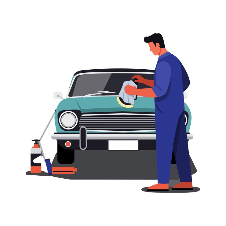 Vector person polishing a vintage car in a garage with cleaning supplies nearby