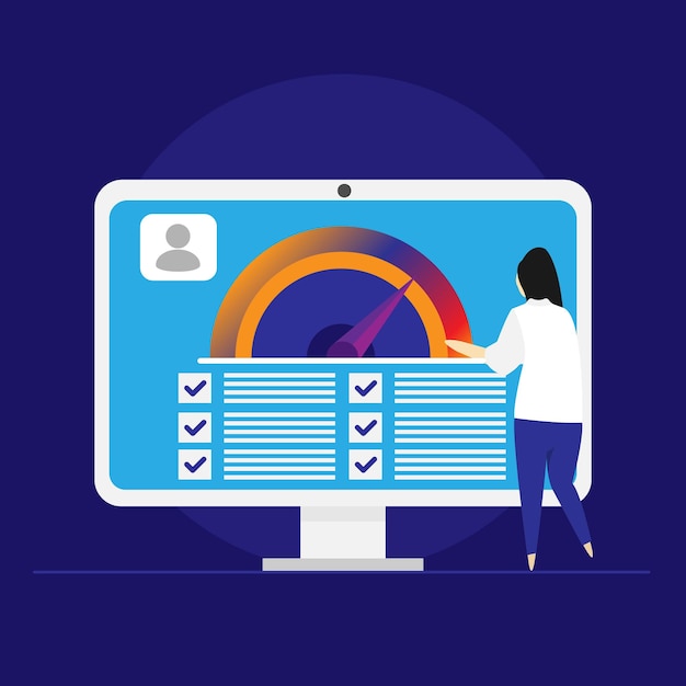 Vector person pushing credit score speedometer from poor to good, improving personal credit rating history