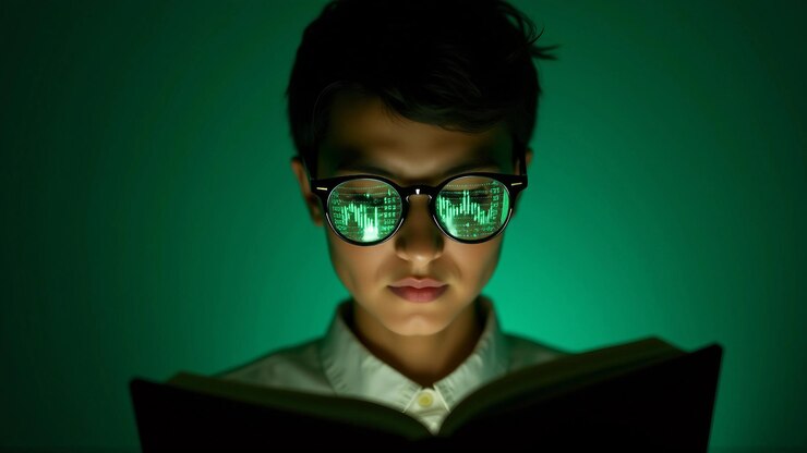 Vector person reading book with stock data