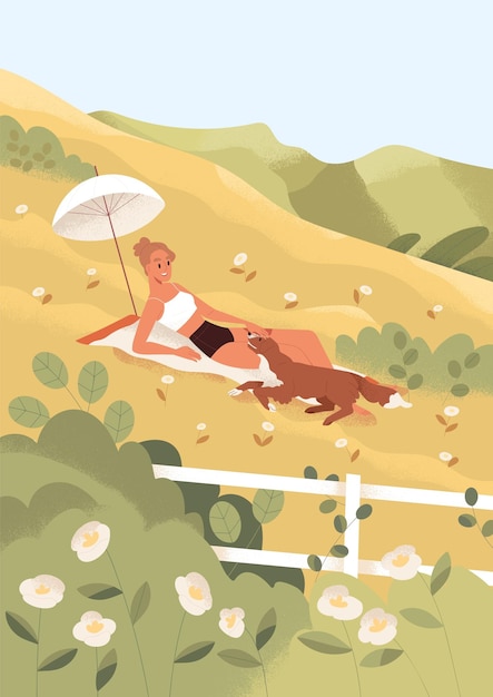 Person relaxing in nature alone, sunbathing. Happy woman and dog resting outdoors on summer holidays. Female lying in serene peaceful meadow with flowers in summertime. Flat vector illustration