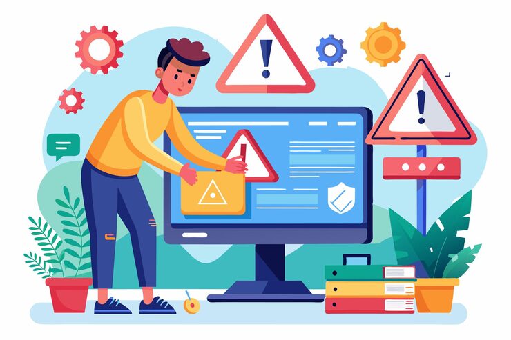 Vector a person resolves website alerts and warnings using a computer and various tools in a bright workspace fixing errors and warnings on websites and digital computer diagnostics