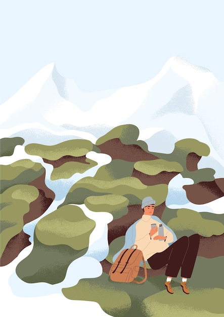 Person resting in nature after hiking alone. Hiker relax with tea in calm peaceful spring landscape with mountain, snow and sky. Explorer with backpack at outdoor adventure. Flat vector illustration