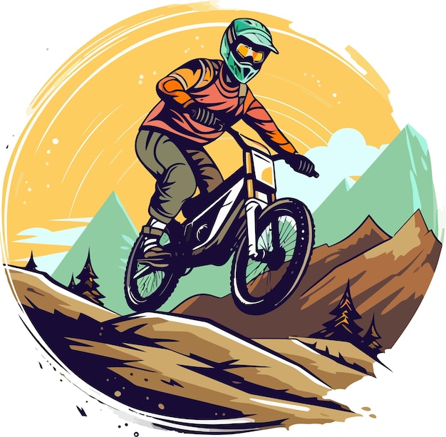 Vector a person riding a bike on a mountain track.