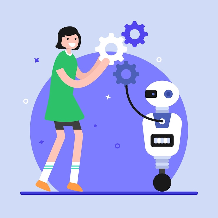 Vector person and robot holding cogwheels flat illustration of collaborative robotics