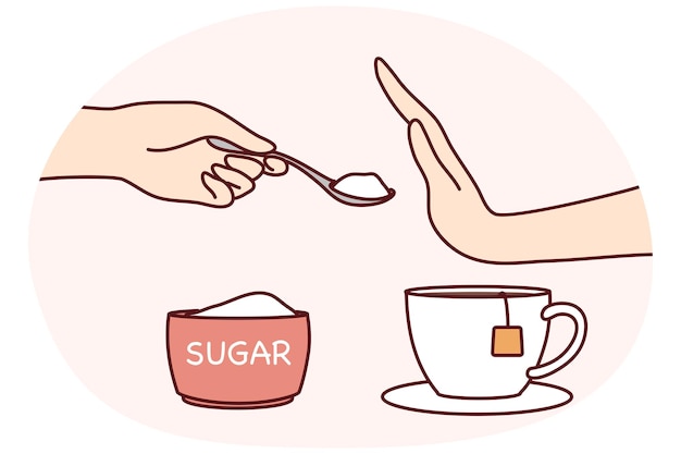 Vector person say no to sugar in tea or coffee man or woman make hand gesture refuse from sweet