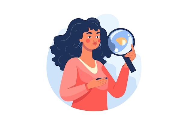 Person searching checking inspecting with magnifying glass vector cartoon flat elements isolated on background