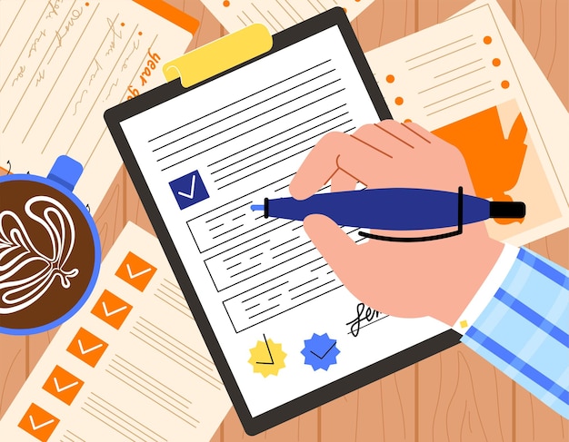 Person signing documents vector concept