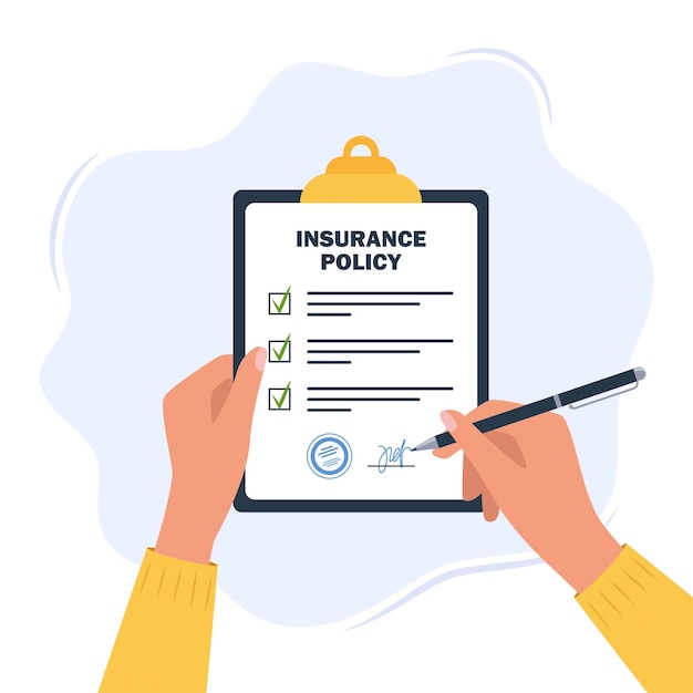 Person signs an insurance policy holding clipboard in hand man signature form