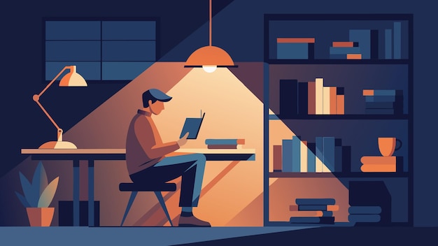 Vector a person sits in a cozy study surrounded by shelves of books and a soft lamp casting a warm glow