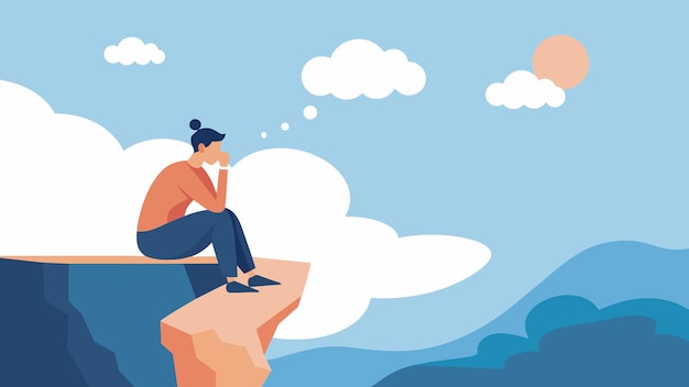 Vector a person sitting on the edge of a cliff overlooking a scenic view with a thought bubble above their