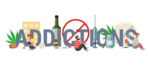 Vector a person sitting in front of a word addiction with a syringe and a syringe in the middle