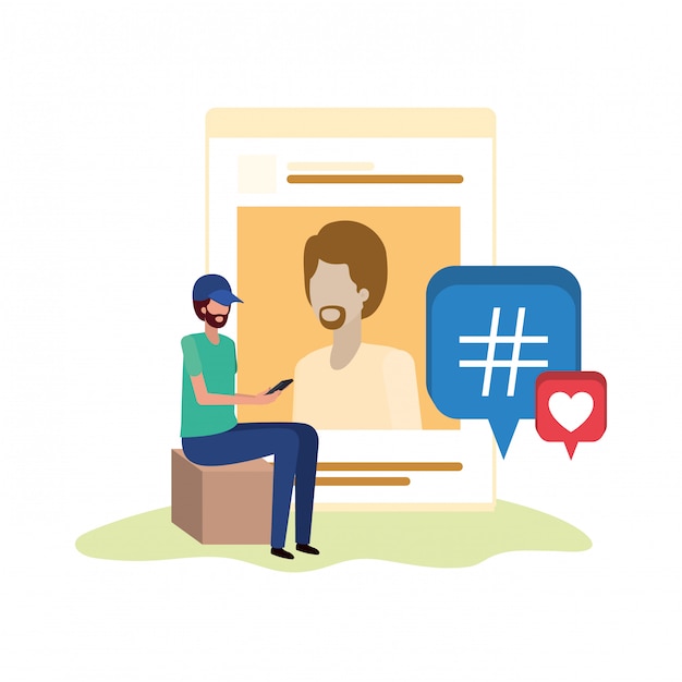 Vector person sitting with social network profile avatar character